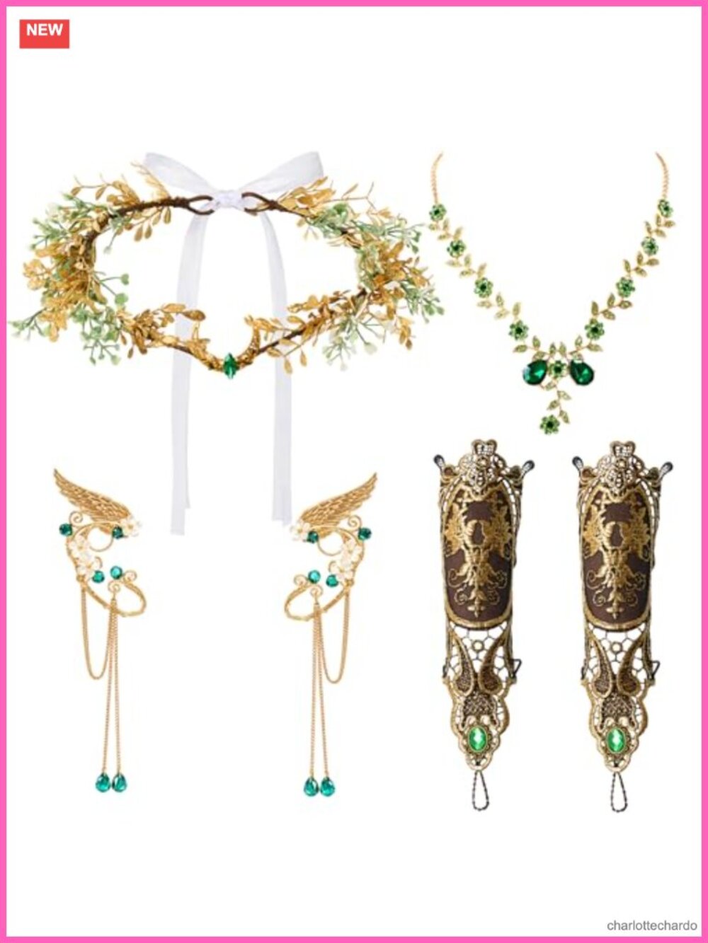 Renaissance Fairy Accessory Set Headpiece Ear Cuff Necklace Gloves